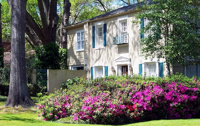 Street view of large home with landscaping.